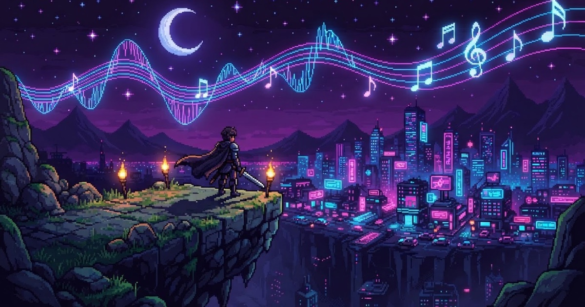 Pixel-art night scene: an adventurer overlooks a neon city while a glowing audio waveform and music notes stream across the sky