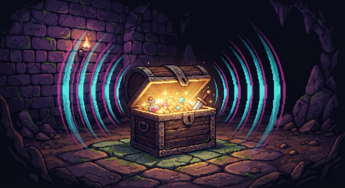 Pixel-art dungeon scene: a treasure chest creaks open with golden light while cyan and magenta sound waves ripple outward