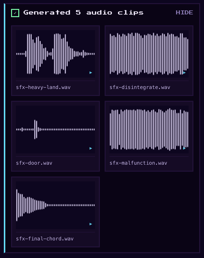 MakePlay Studio showing five generated audio clips with waveform previews: heavy landing, disintegrate, door, malfunction and a final chord
