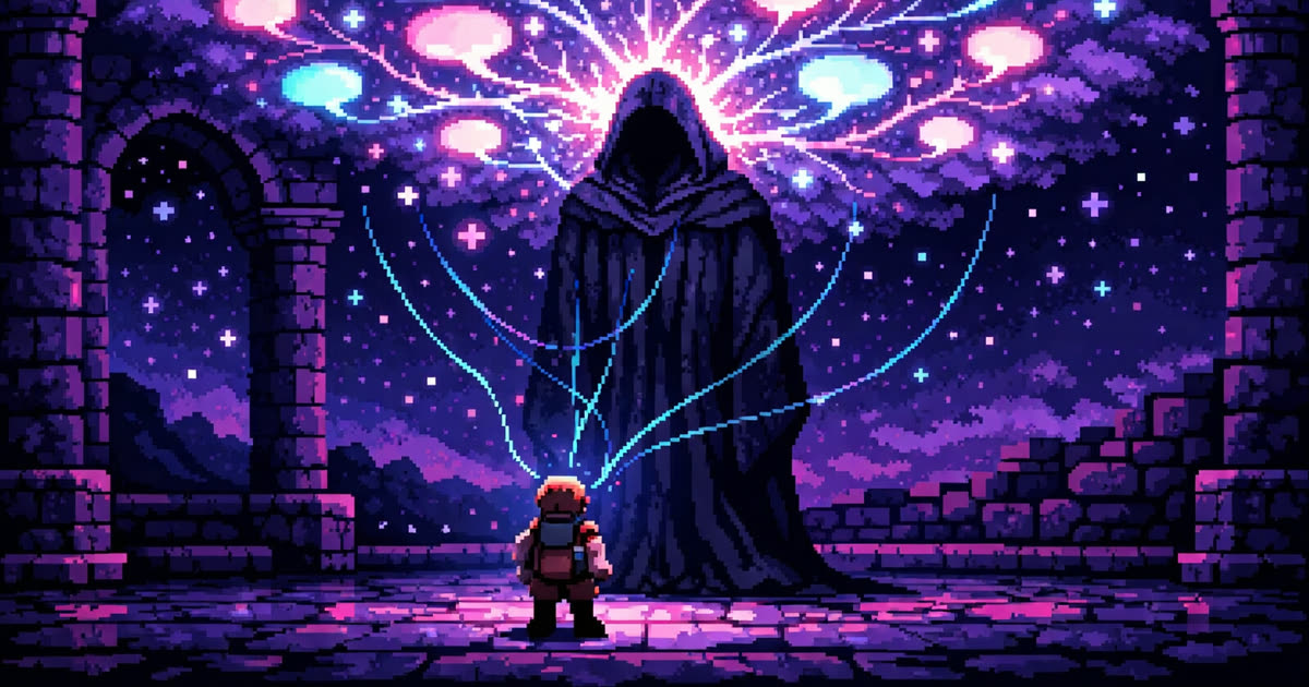 Pixel-art night scene: a small adventurer speaks up at a hooded character whose head glows open into a luminous neon thought-cloud full of branching light