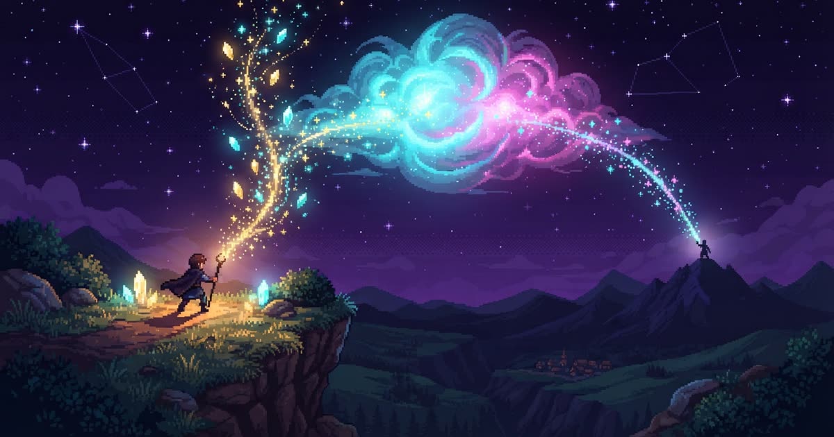 Pixel-art night scene: an adventurer's glowing save crystals stream up into a luminous cloud, while a distant player receives the same stream on another hill