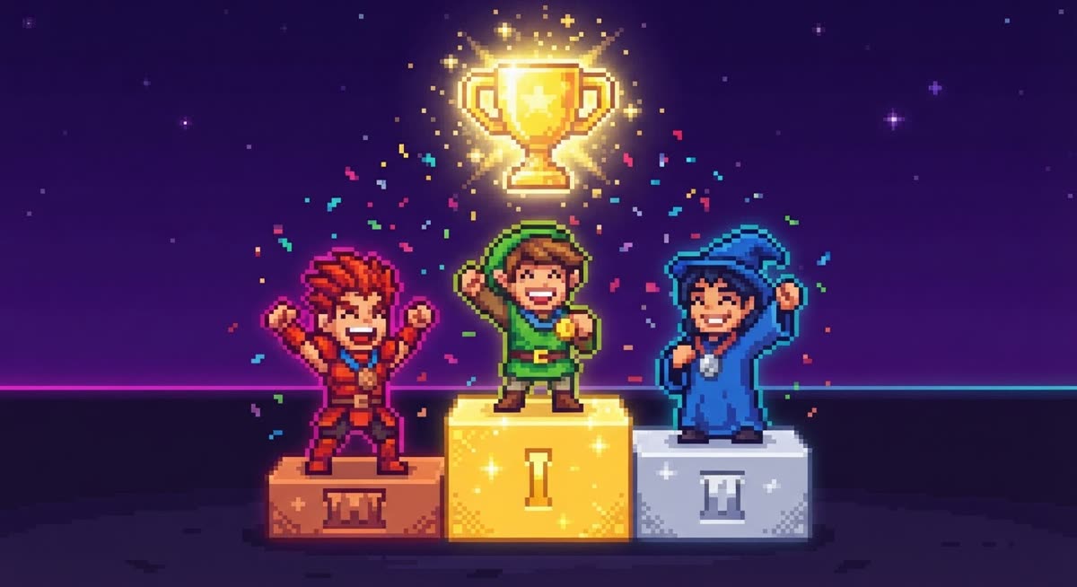 Pixel-art winners podium: three cheerful characters celebrate on first, second and third place under confetti and a glowing trophy