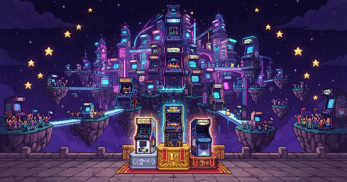 Pixel-art floating sky palace built from glowing arcade cabinets, with a golden champion podium and stars in a purple night sky