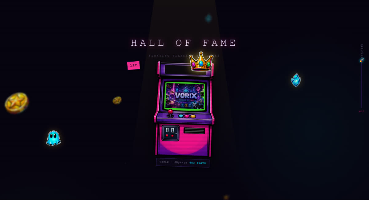 The Hall of Fame on makeplay.ai: the current champion's arcade cabinet under a spotlight, wearing a golden crown