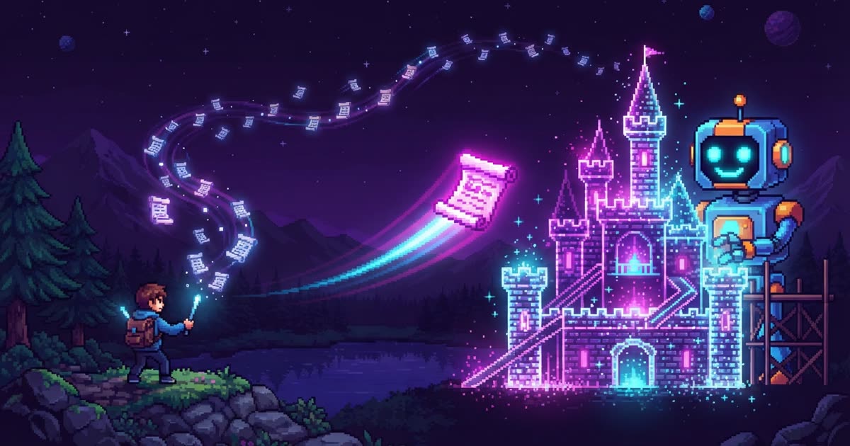 Pixel-art scene: a robot builder constructs a glowing castle while message scrolls float in a tidy queue toward it, one bright scroll swooping to the front of the line