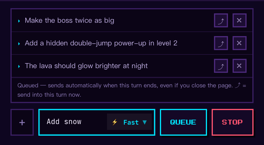 The MakePlay Studio composer during a build: three queued messages with send-now and remove buttons, a new message being typed, and QUEUE and STOP buttons