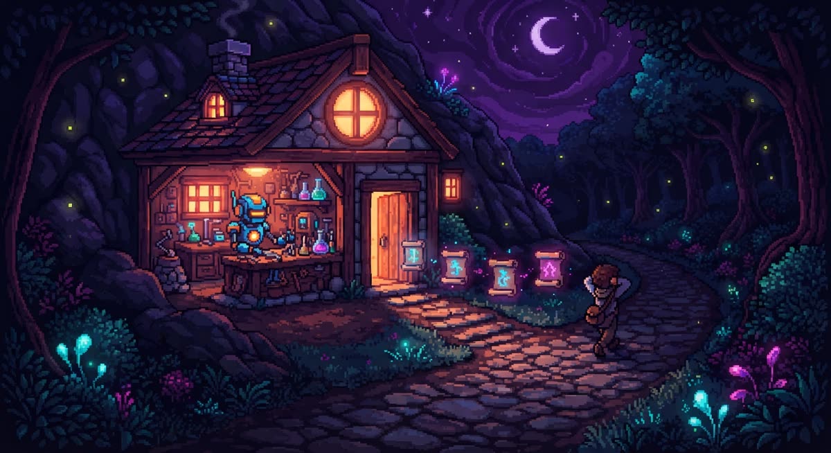 Pixel-art night scene: glowing message scrolls wait in a neat line outside a workshop where a robot builder works, while the player walks away down the path