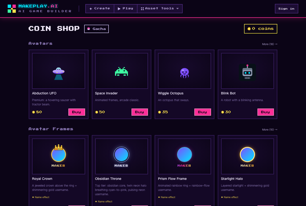 The MakePlay Coin Shop: avatar and avatar-frame shelves with pixel-art items, coin prices and Buy buttons, plus a Gacha entrance and coin balance