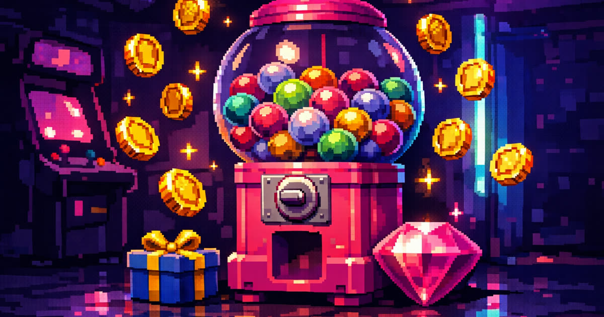 Pixel-art arcade corner: a pink gacha capsule machine surrounded by floating gold coins, a gift box and a sparkling pink gem