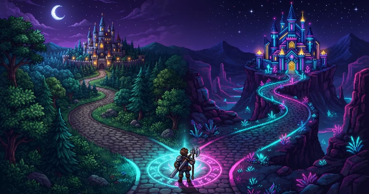 Pixel-art scene of a road forking into two paths: one leads to the original forest castle, the other to a neon remixed variant of the same castle